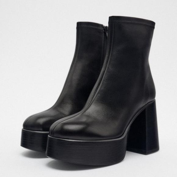NWOT. Zara Black Leather High Heel Platform Ankle Boots. Size 10/EU 41. - Picture 3 of 8